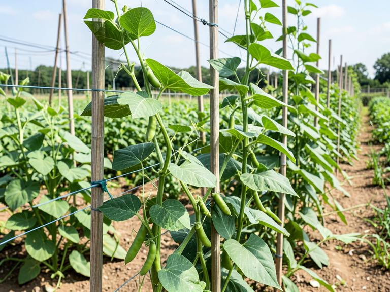 Plantas de frijol y arveja trepando en espaldera